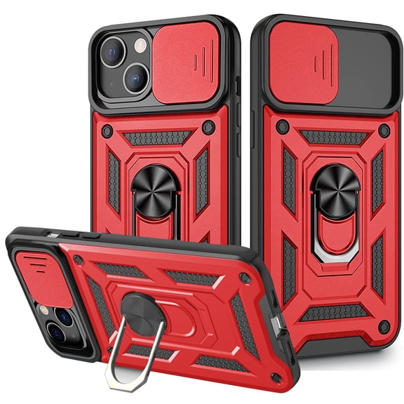Reiko Kickstand Ring Holder with Slide Camera Cover TPU Magnetic Car Mount for Apple iPhone 13 in Red