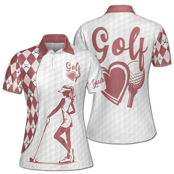 Custom Name Sweet White Golf Heart Women's Polo Shirt S-5XL