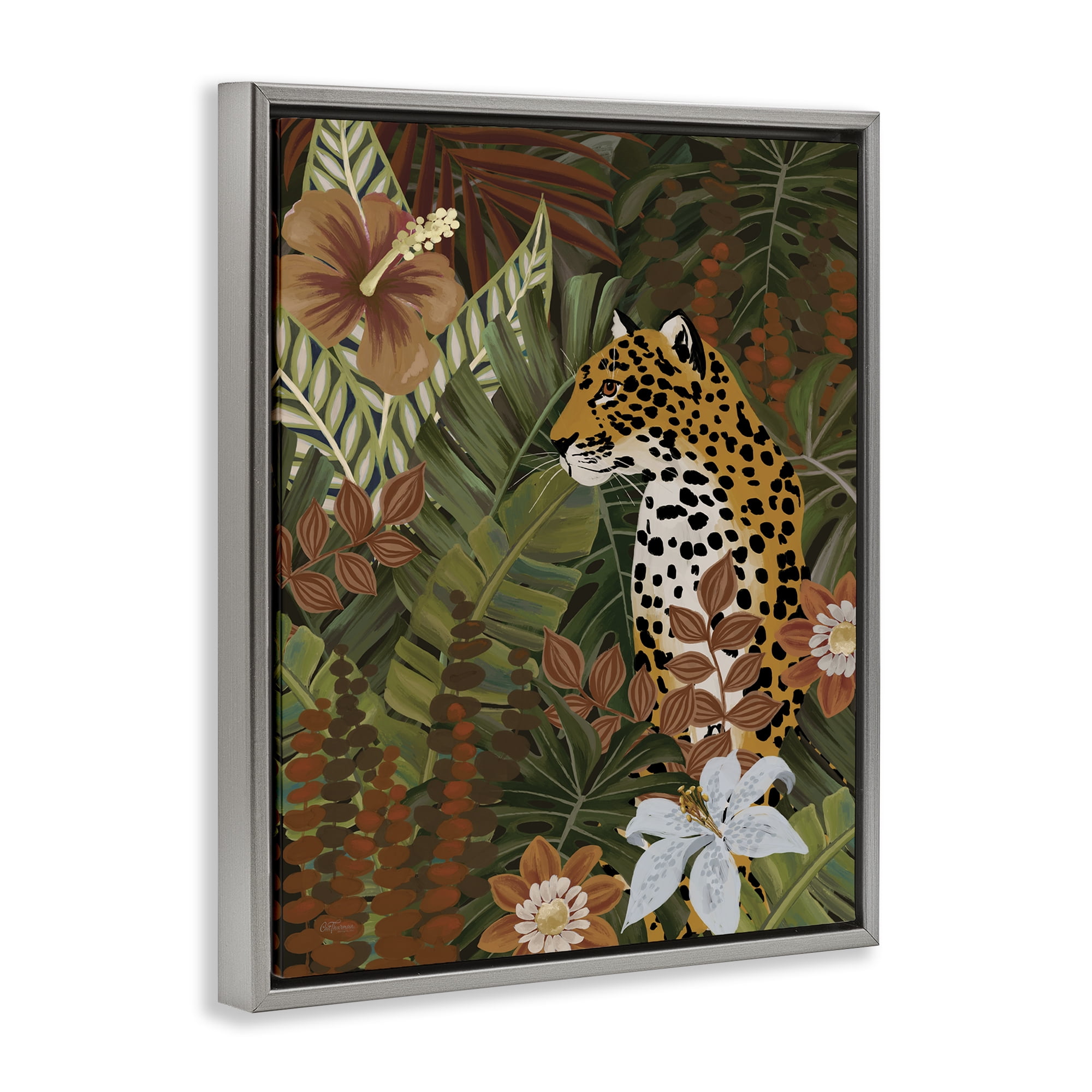 Stupell Industries Hibiscus Jungle Leopard Animals Painting Gray Floater Framed Canvas Art Print Wall Art, 17 x 21