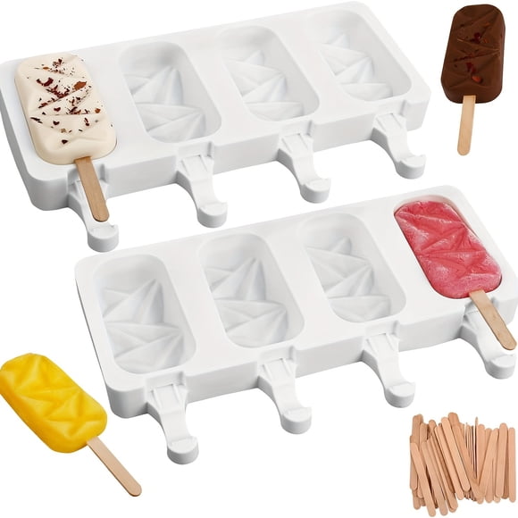 Popsicle Mold, Cool Summer, 2 Popsicle Mold 4 Hole Cake Pop Silicone Mold Diamond Ice Cream Cake Mold Chocolate Baking With 50 Sticks