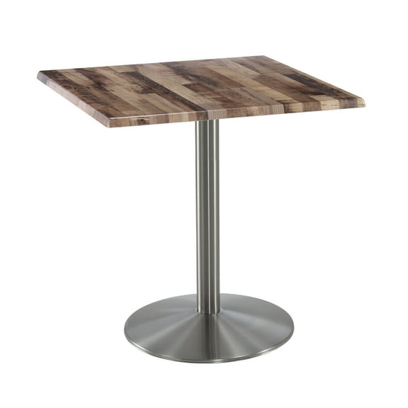 Holland 36" Stainless Round Base Square Table in 30" Rustic Top