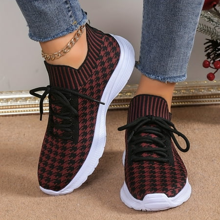 

Women s Houndstooth Pattern Lace-up Sports Sneakers With High-top Breathable & Lightweight Outdoor Mesh Sneakers Casual Running Shoes