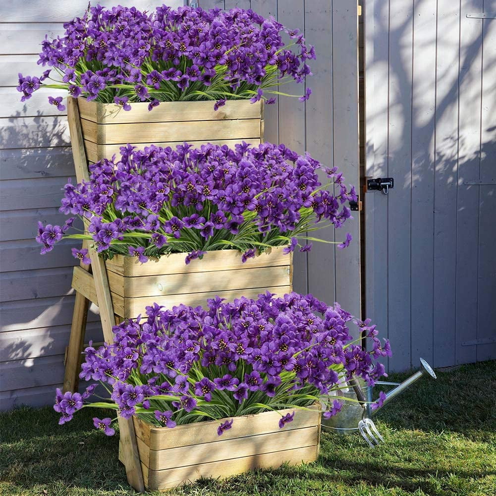 20 Bundles Outdoor Artificial Flowers UV Resistant No Fade Fake Violet Flowers for Indoor Outside Hanging Plants Garden Patio Porch Window Box Home Wedding Farmhouse Decor (Blue)