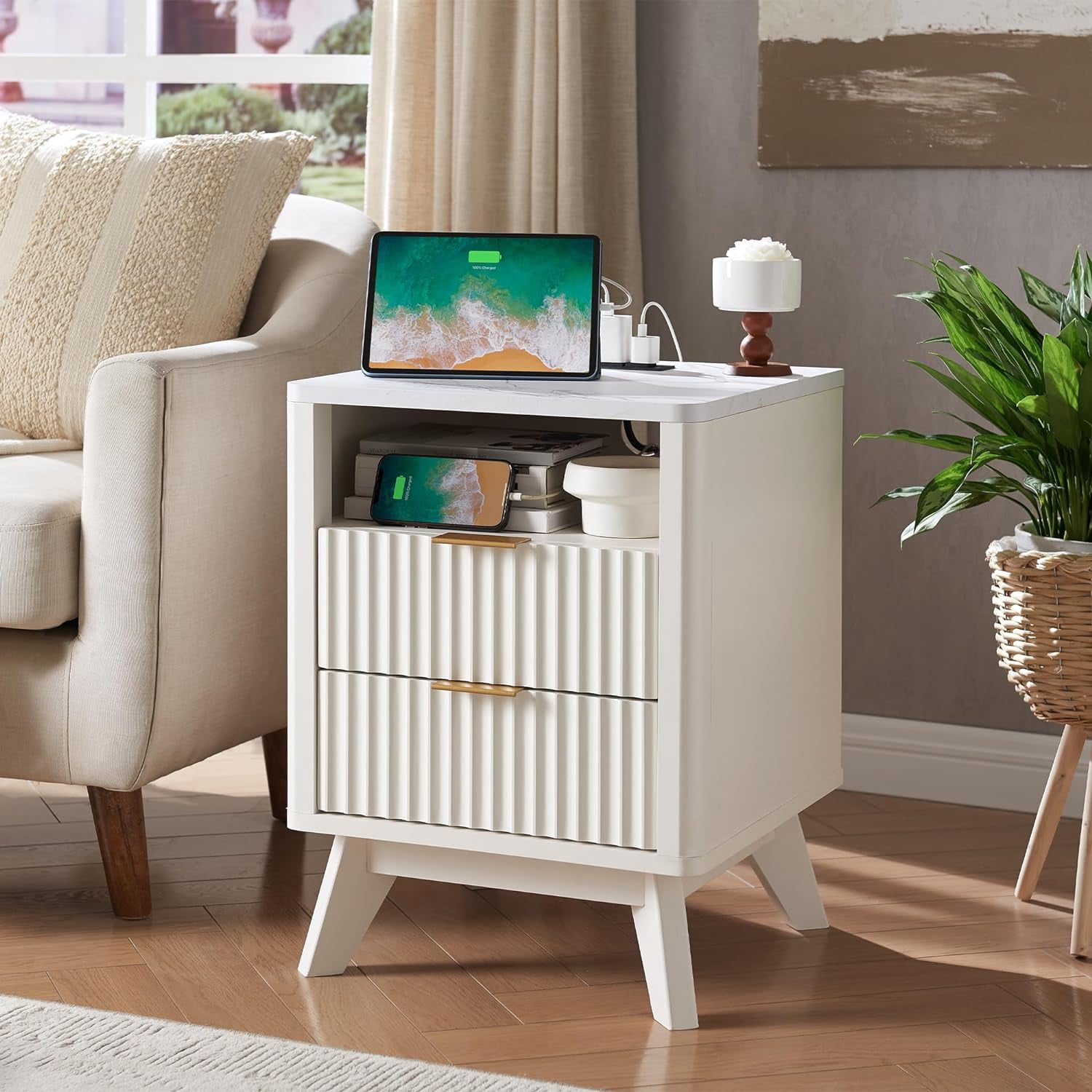 OKD Mid-Century Modern Nightstand with Charging Station, Wood End Table Side Table for Living Room, Fluted Panel, Solid White