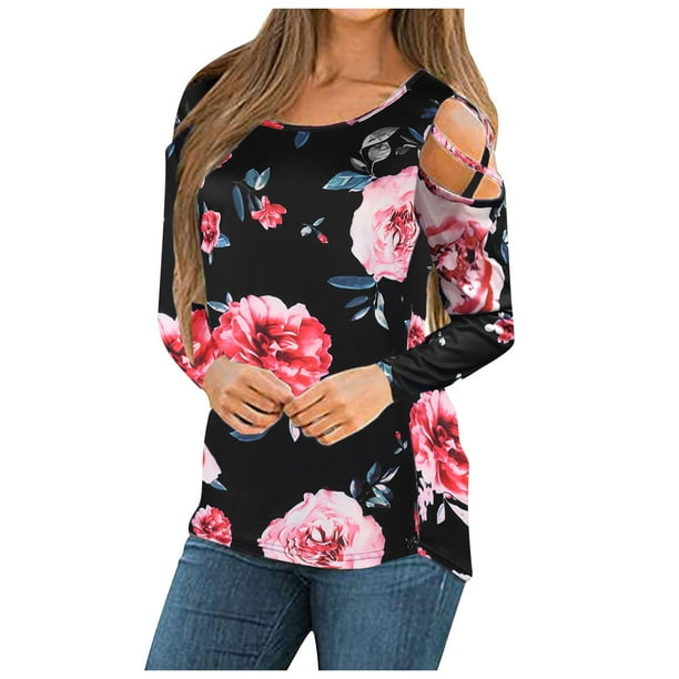 Blusa informal sexy a la moda de manga larga con cuello redondo y estampado de flores en la parte superior del hombro para mujer Pompotops FGAJ5573