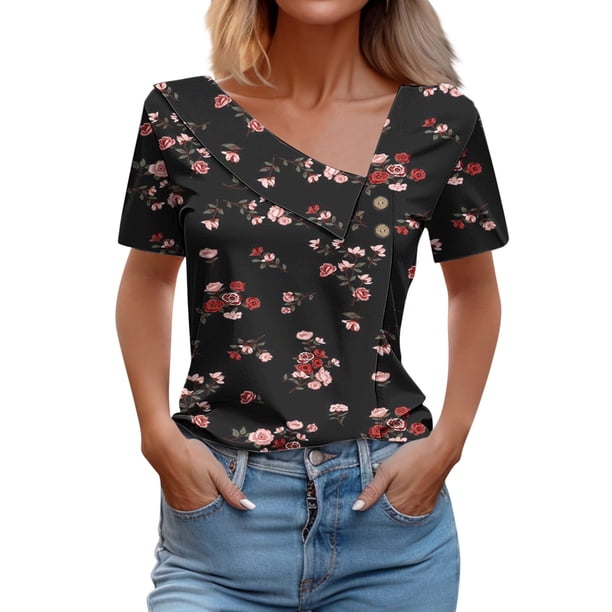 Camisetas de Manga Corta para las Mujeres Impresas Primavera Verano Botón de la Camiseta Casual, Camisetas de Mujer Casual