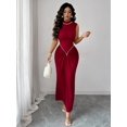 thumbnail image 6 of Burgundy Semi-High Neck Sleeveless Knitted Pleated Maxi Dress With Pearl Embellishment, Elegant Evening Gown, 6 of 8