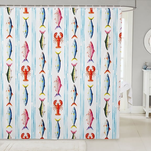 Manfei Cartoon Sea Animal Shower Curtain 72Wx72L, Watercolor Fish Bathroom Curtain, Light Blue White