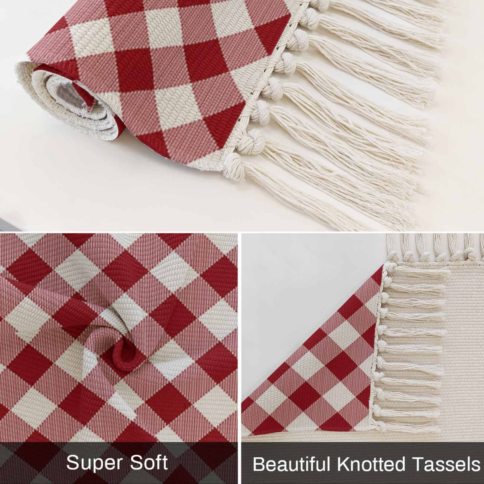 Kitchen Runner Rugs, Red and White Plaid 2'x3' Throw Rug with Tassels, Buffalo Check Tartan Washable Soft Floor Carpet Runner for Hallway Bedroom Bathroom Laundry Room