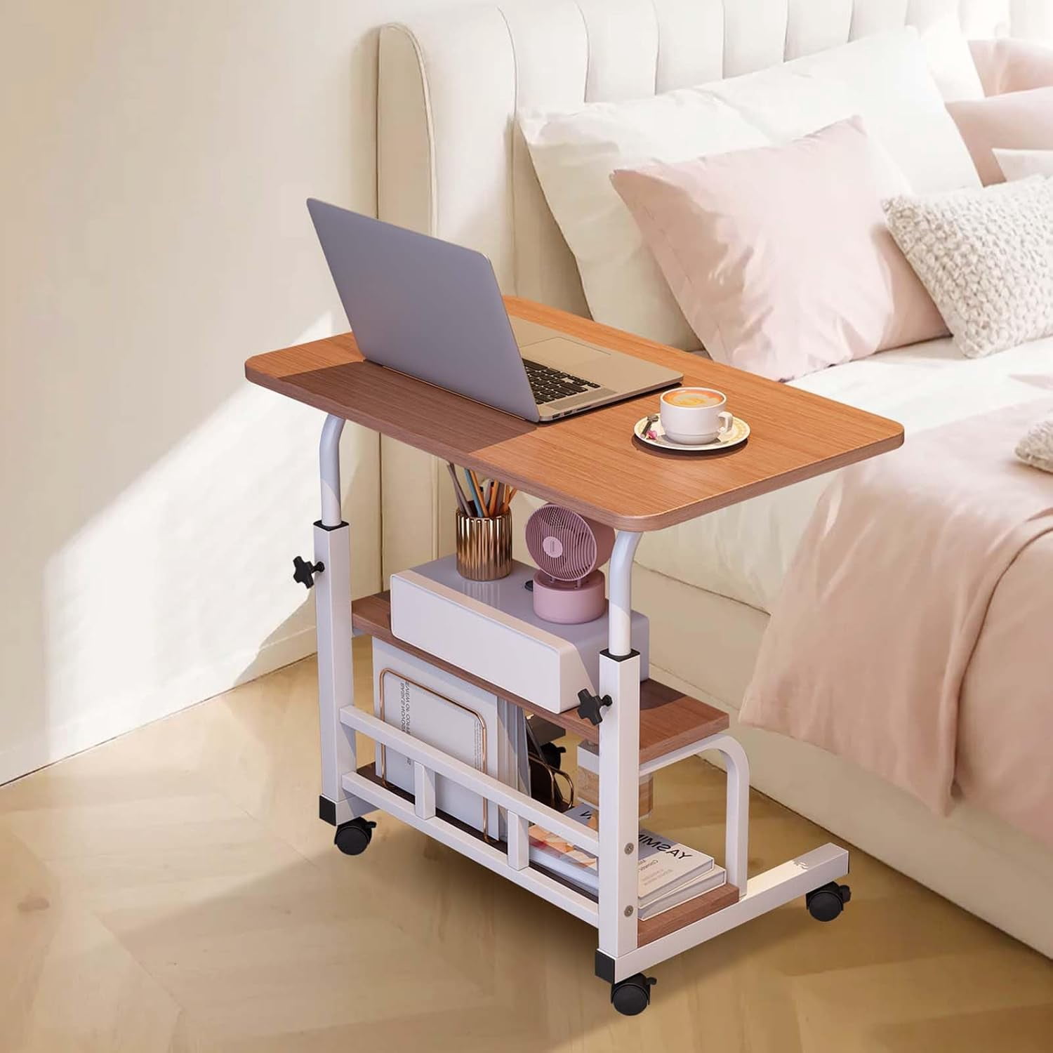 Adjustable Height Mobile Standing Desk – Portable Rolling Computer Table with Storage Shelves – Compact Laptop Desk for Home Office, Study, Small Spaces – with Wheels, Walnut Color 60 x 40CM