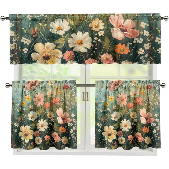 Wild Flowers Kitchen Curtains Set, Kitchen Curtains and Valances Set European Style Window Valance Set European Style Curtains for Cafe European Style Curtains for Dining Room