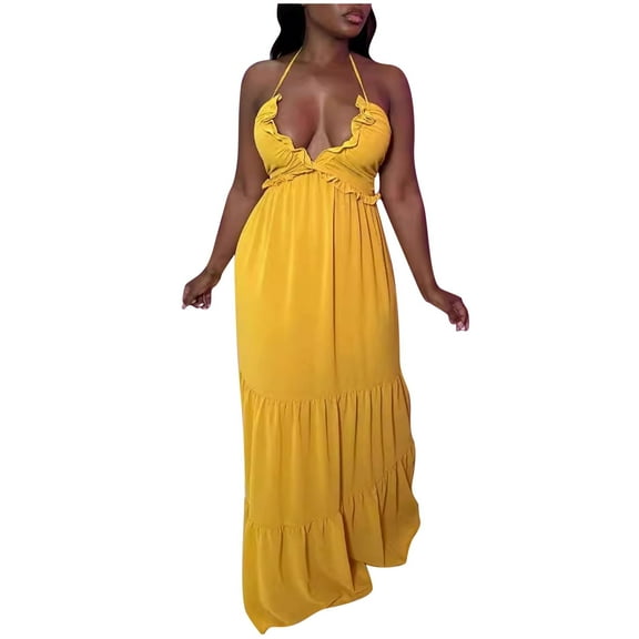 Kaemgyyd Maxi Dress for Women Halter V Neck Backless Beach Dress Casual Loose Tiered Ruffle Hem Dress for Vaction