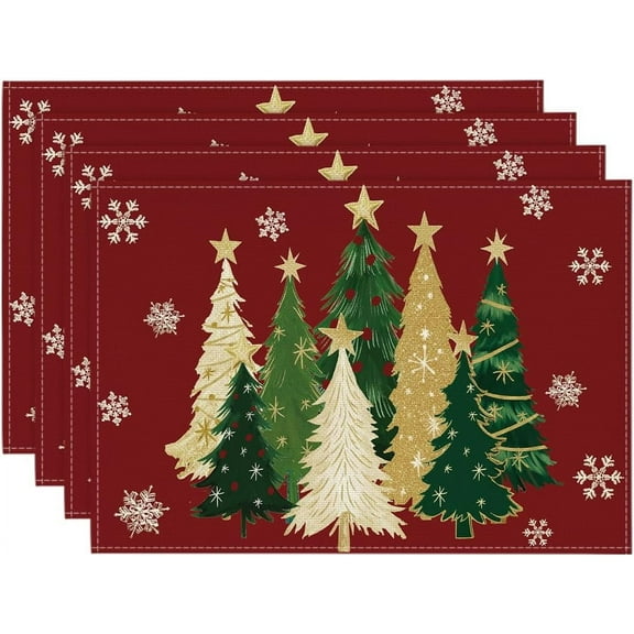 Xmas Trees Snowflakes Winter Placemats Set of 4, 12x18 Inch Seasonal Red Christmas Table Mats for Party Kitchen Dining Decoration