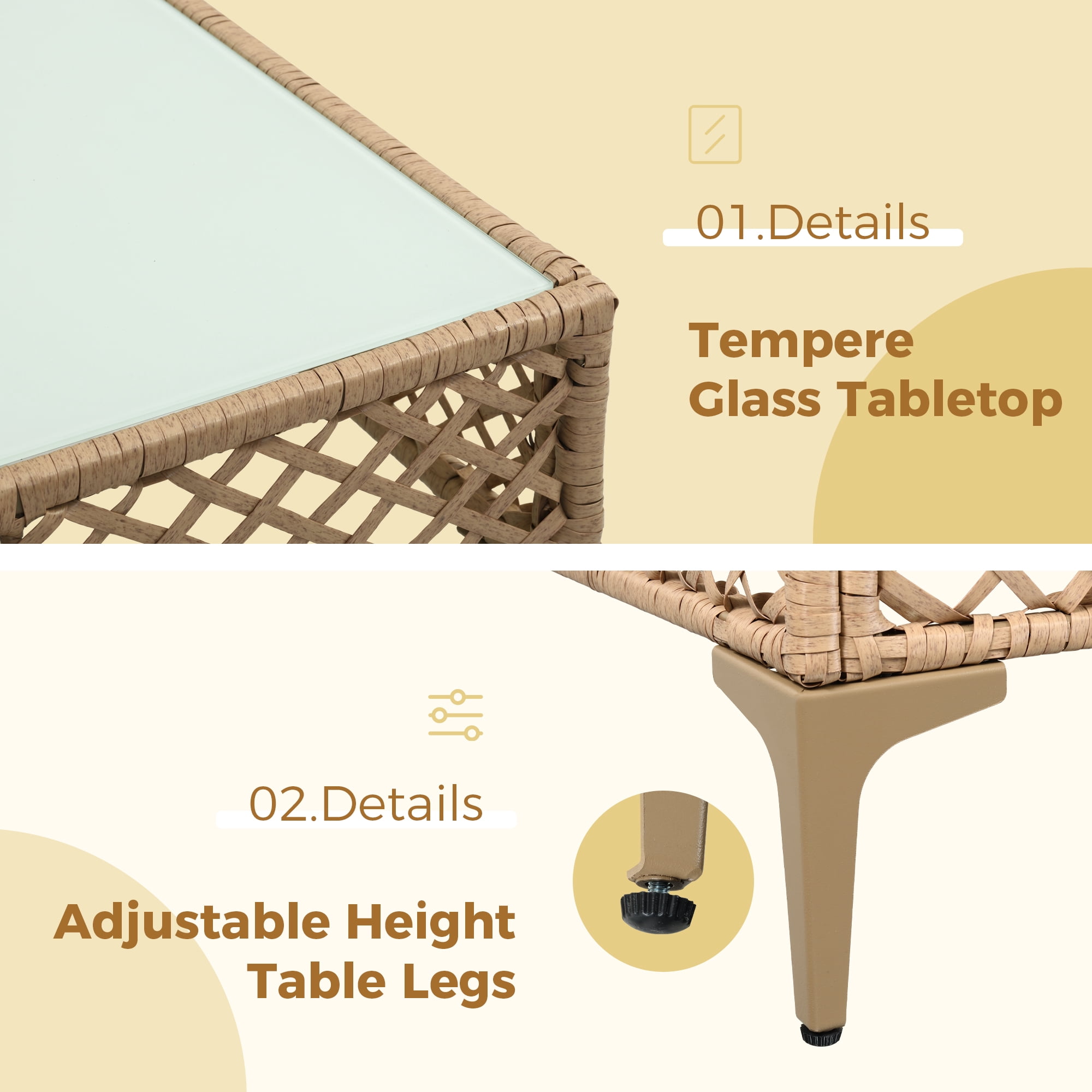 FHFO 7-Piece Patio Furniture with Tea Table,Rattan Wicker Outdoor Sectional Furniture Sofa Conversation Set,Bohemian Style Courtyard Dialogue Set, for Backyard Poolside Porch Garden, Yellow/Beige