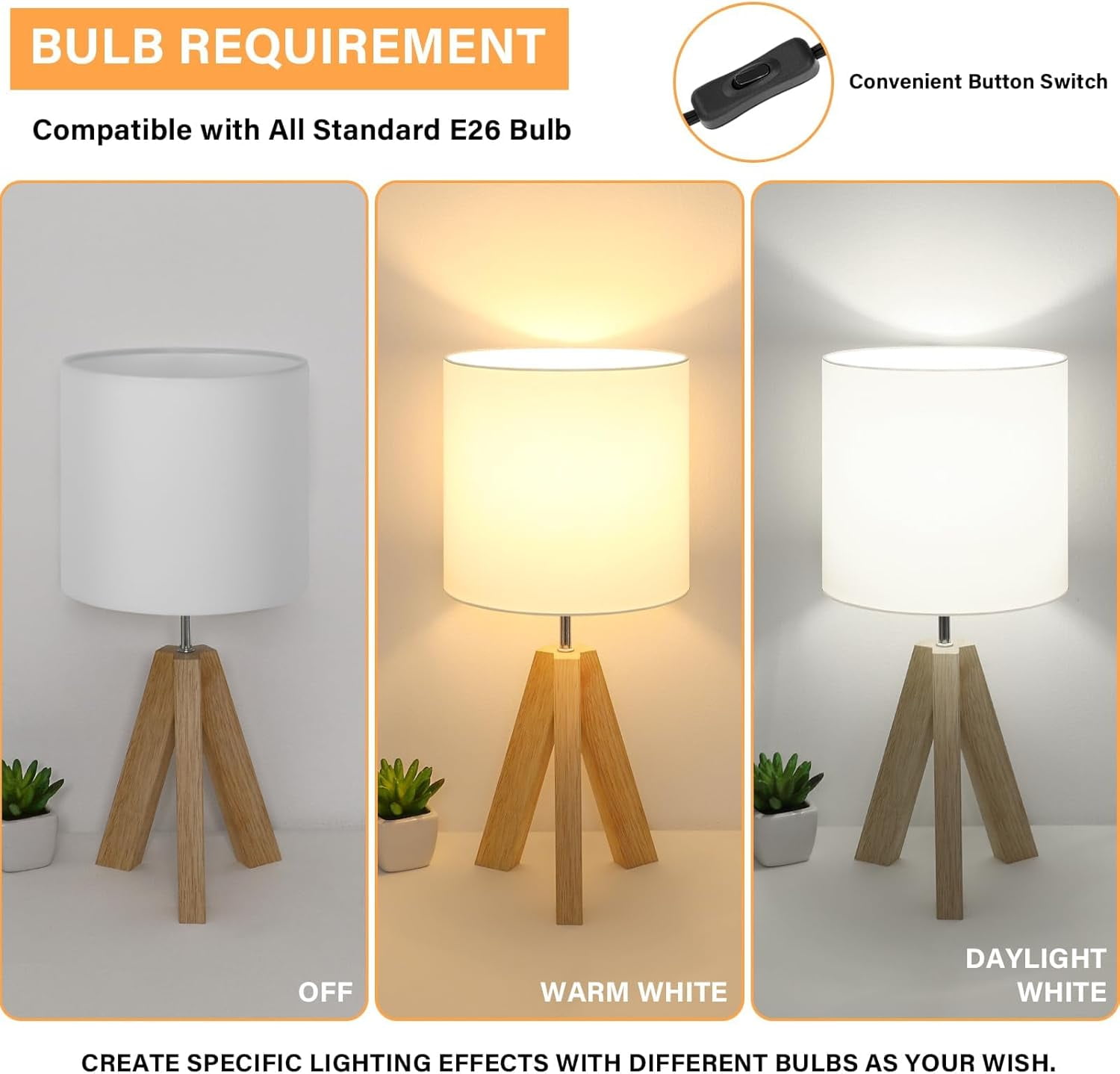 Nordic Hygge Small Beside Table Lamp, Wood Tripod Table Lamp