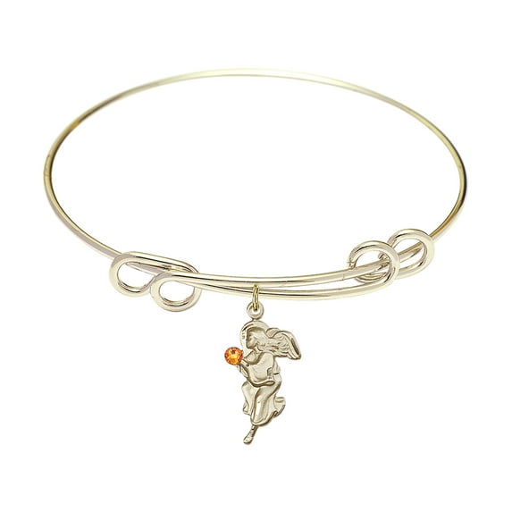 8 1/2 inch Round Double Loop Bangle Bracelet w/ Guardian Angel medal charm w/ November Yellow Swarovski Crystal
