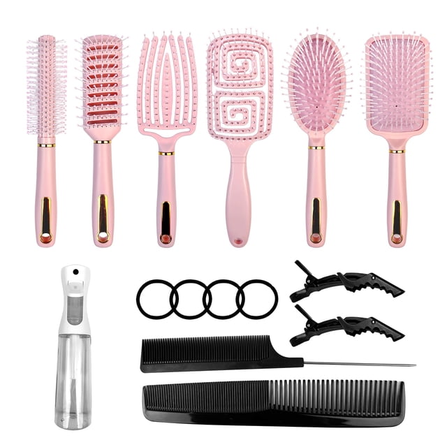 Juego de 11 cepillos para el cabello, cepillo redondo y cepillo de paleta, ideal para cabello húmedo, largo y grueso, cepillo para desenredar y botella pulverizadora para cabello ondulado y rizado, co