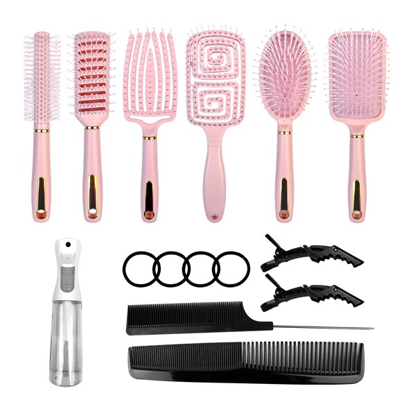 Juego de 11 cepillos para el cabello, cepillo redondo y cepillo de paleta, ideal para cabello húmedo, largo y grueso, cepillo para desenredar y botella pulverizadora para cabello ondulado y rizado, co