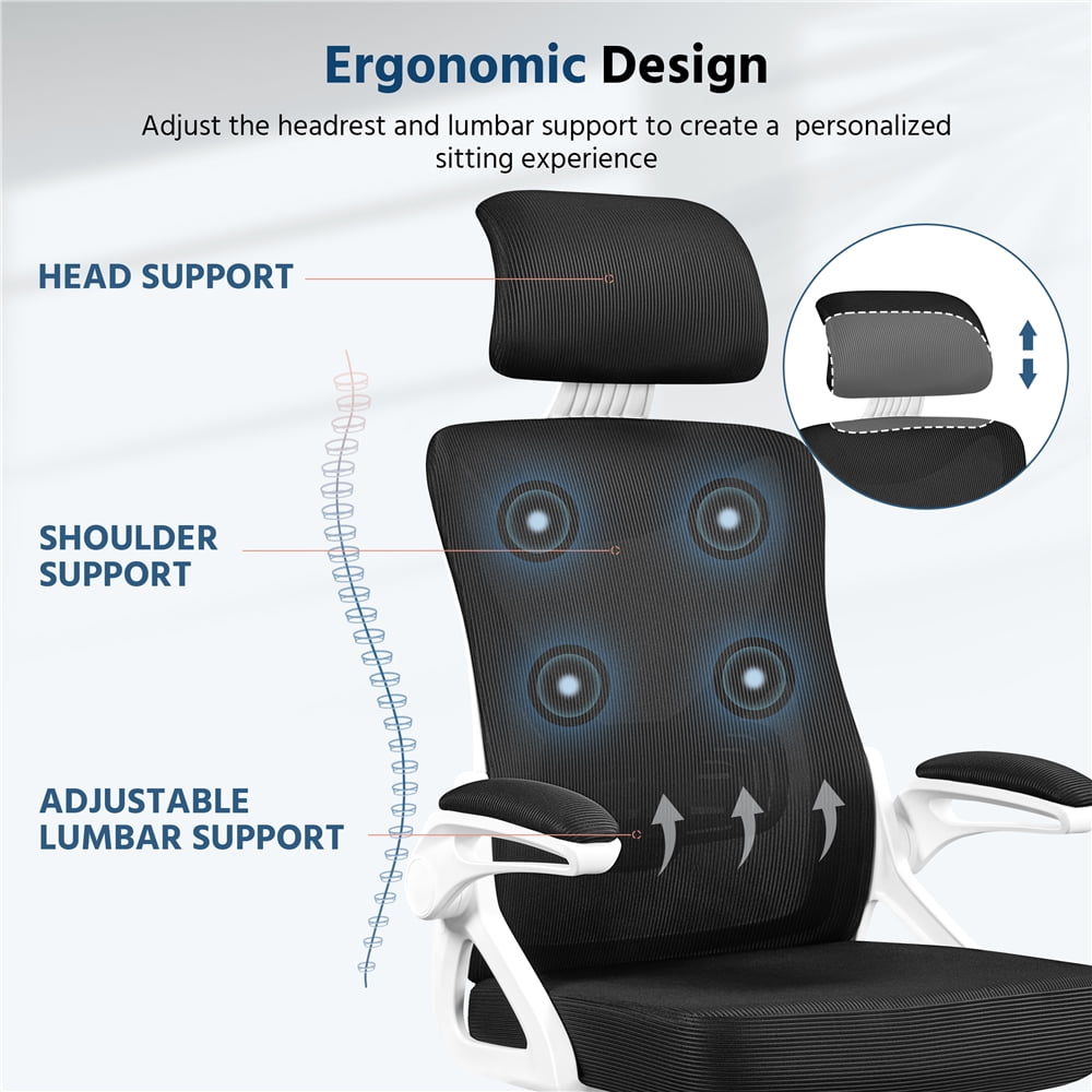 Yaheetech Adjustable High Back Mesh Office Chair with 90° Flip-up Armrest, White/Black