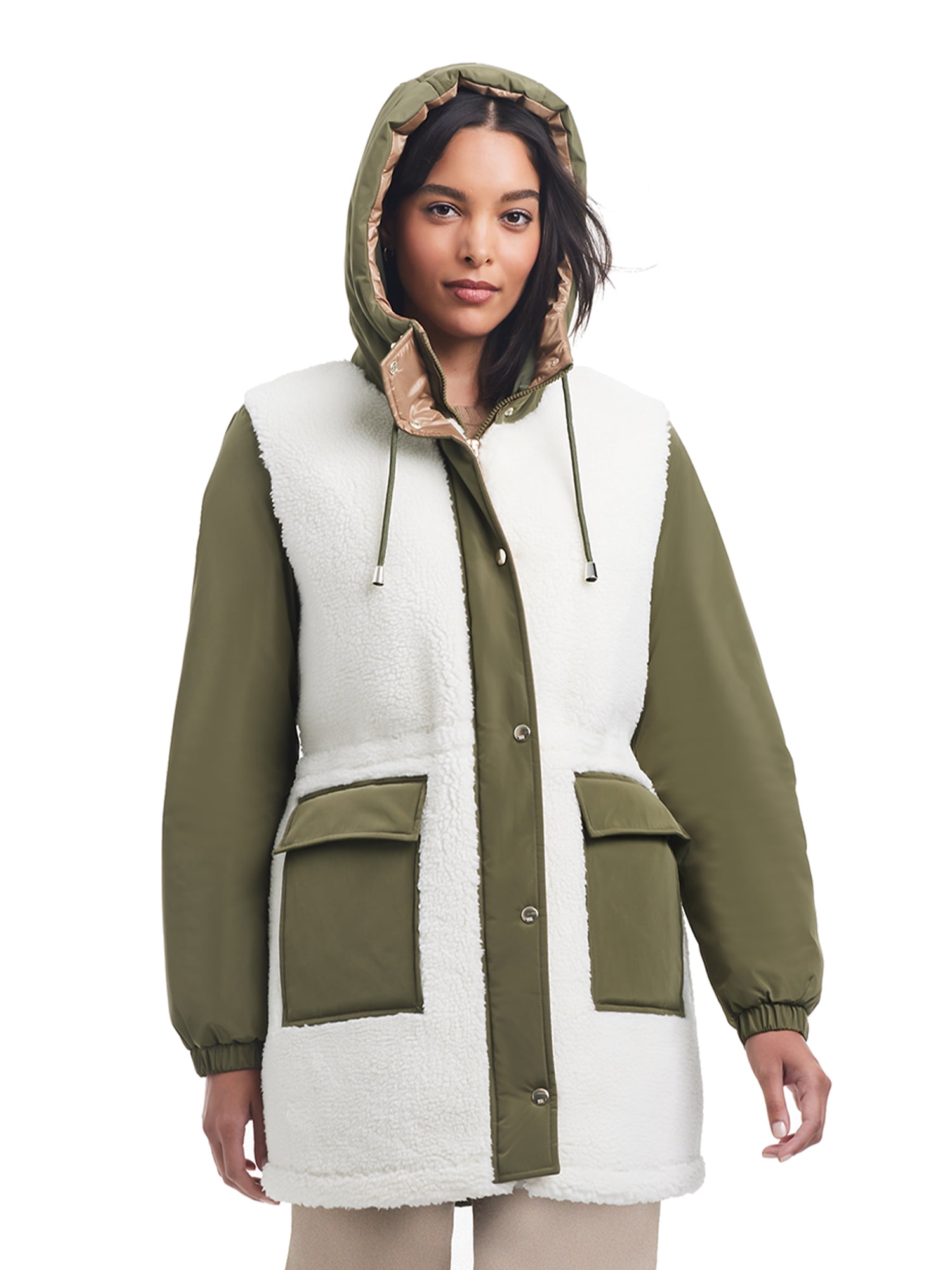 Sam & Libby Ladies Long Sleeve Mid-Length Parka with Sherpa Panels