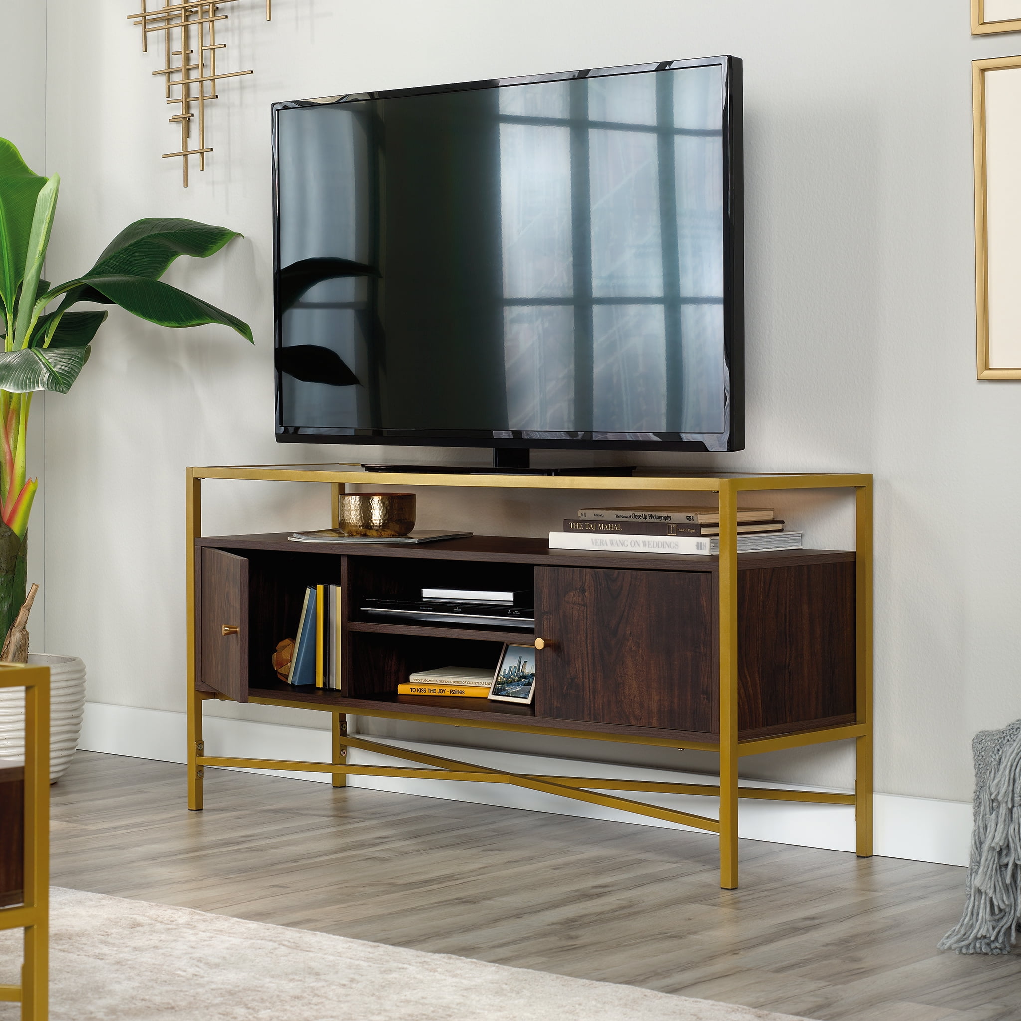 Sauder Curiod Glass Top Gold Metal TV Stand Credenza for TVs up to 55", Rich Walnut Finish