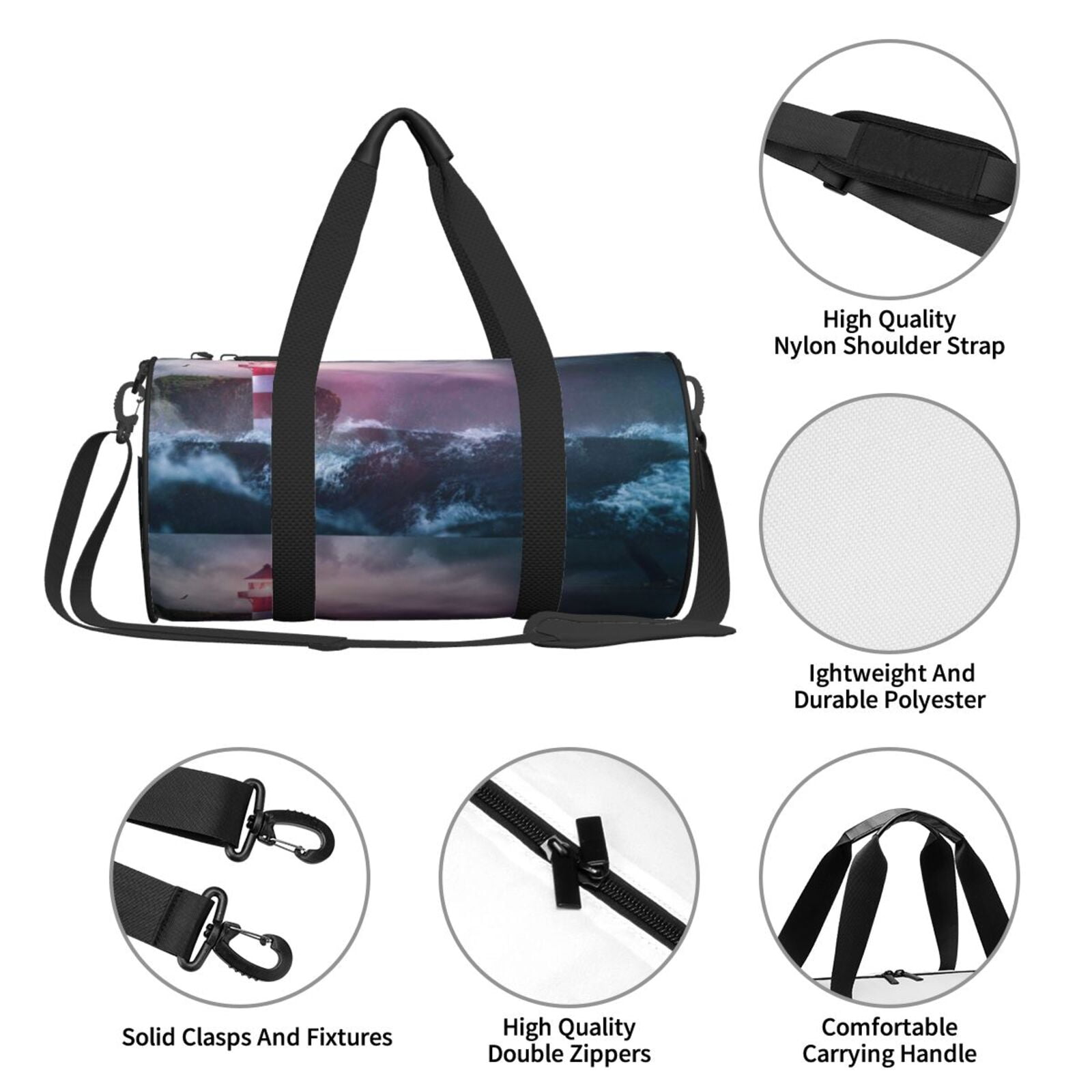 Vsdgher lighthouse Waves Torrential Rain 45L Foldable Duffel Bag, Sports Gym Bag,Overnight Bag, Portable Weekender Bag for Airplanes