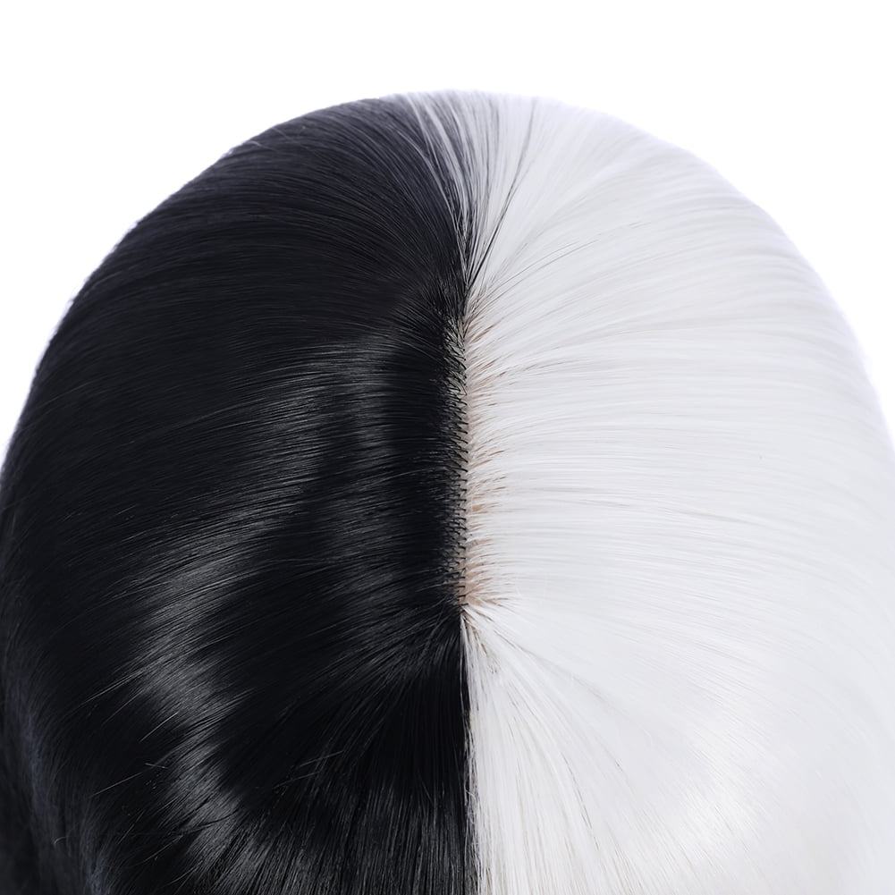 RightOn 27" Black and White Wig Long Curly Wig with Bangs Black and White Wig Two Tone Wig Women Girls Synthetic Wig with Wig Cap
