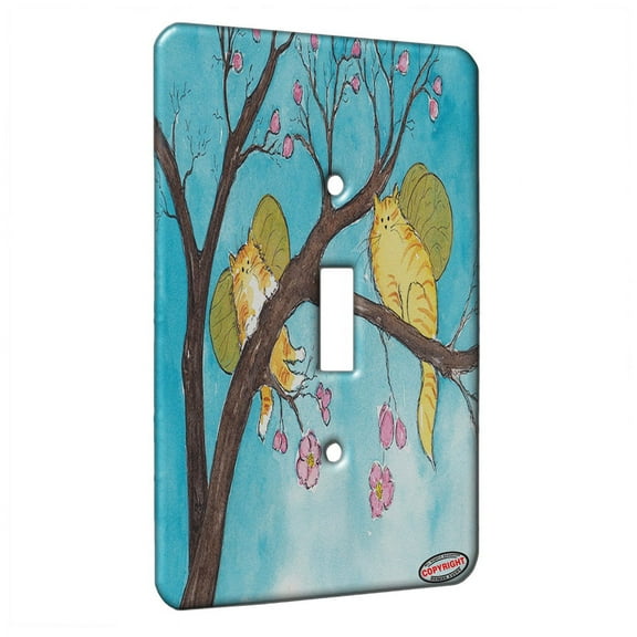 KuzmarK™ Single Gang Toggle Switch Wall Plate - Ginger Tabby Tiger Kitty Fairies with Pink Dogwood Fantasy Cat Art by Denise Every