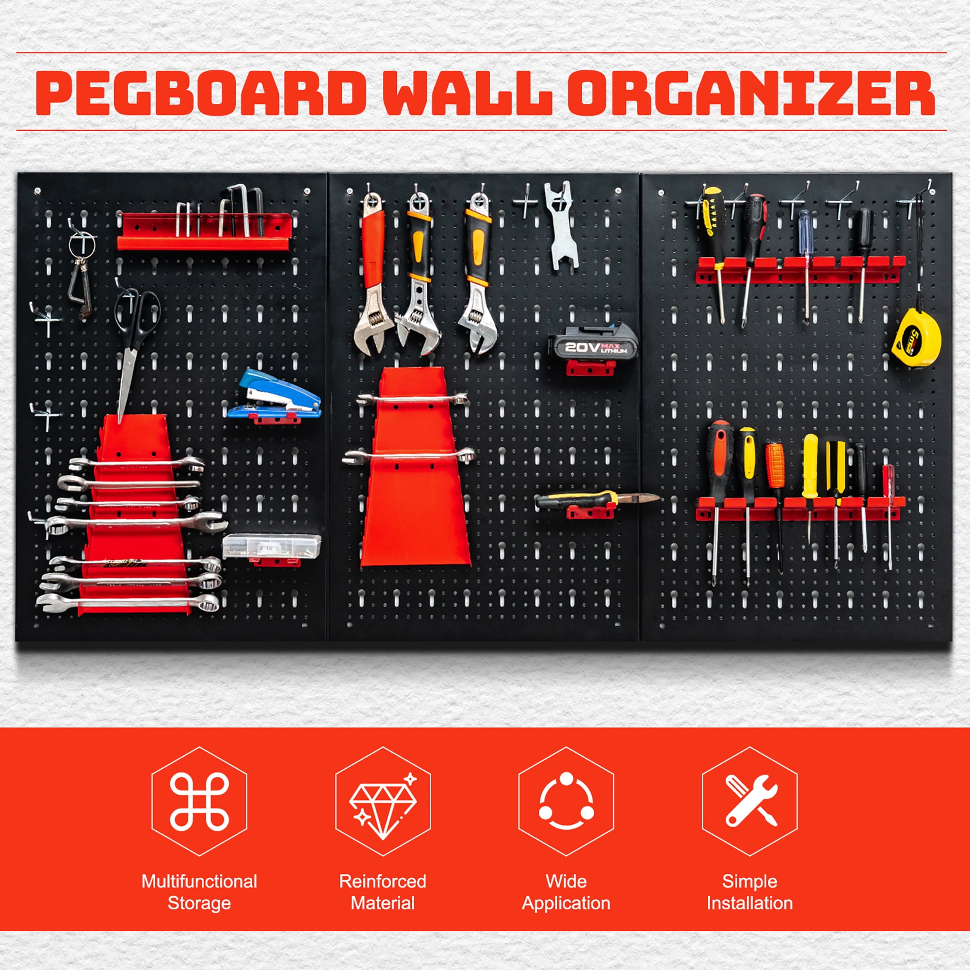 Costway Pegboard Wall Organizer Kit 4 ft.Metal Toolboard W/ 3 Pegboards & 25 Accessories