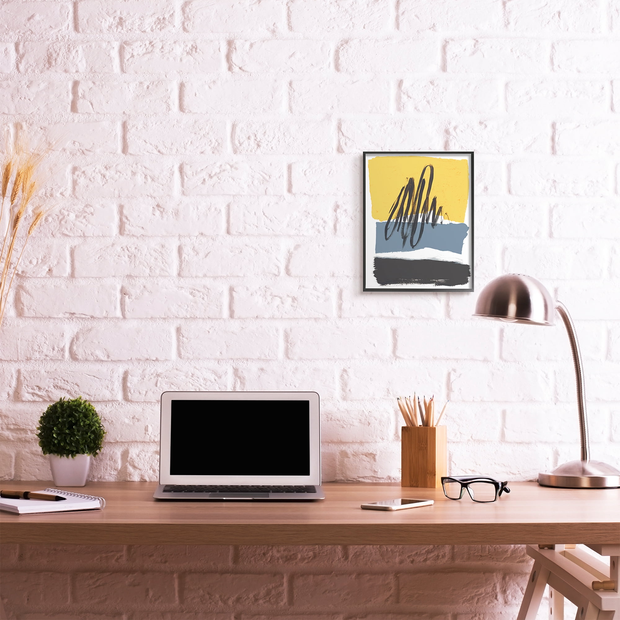Stupell Industries Abstract Squiggle Over Vibrant Shapes Yellow Blue Abstract Painting Black Framed Art Print Wall Art, 11 x 14