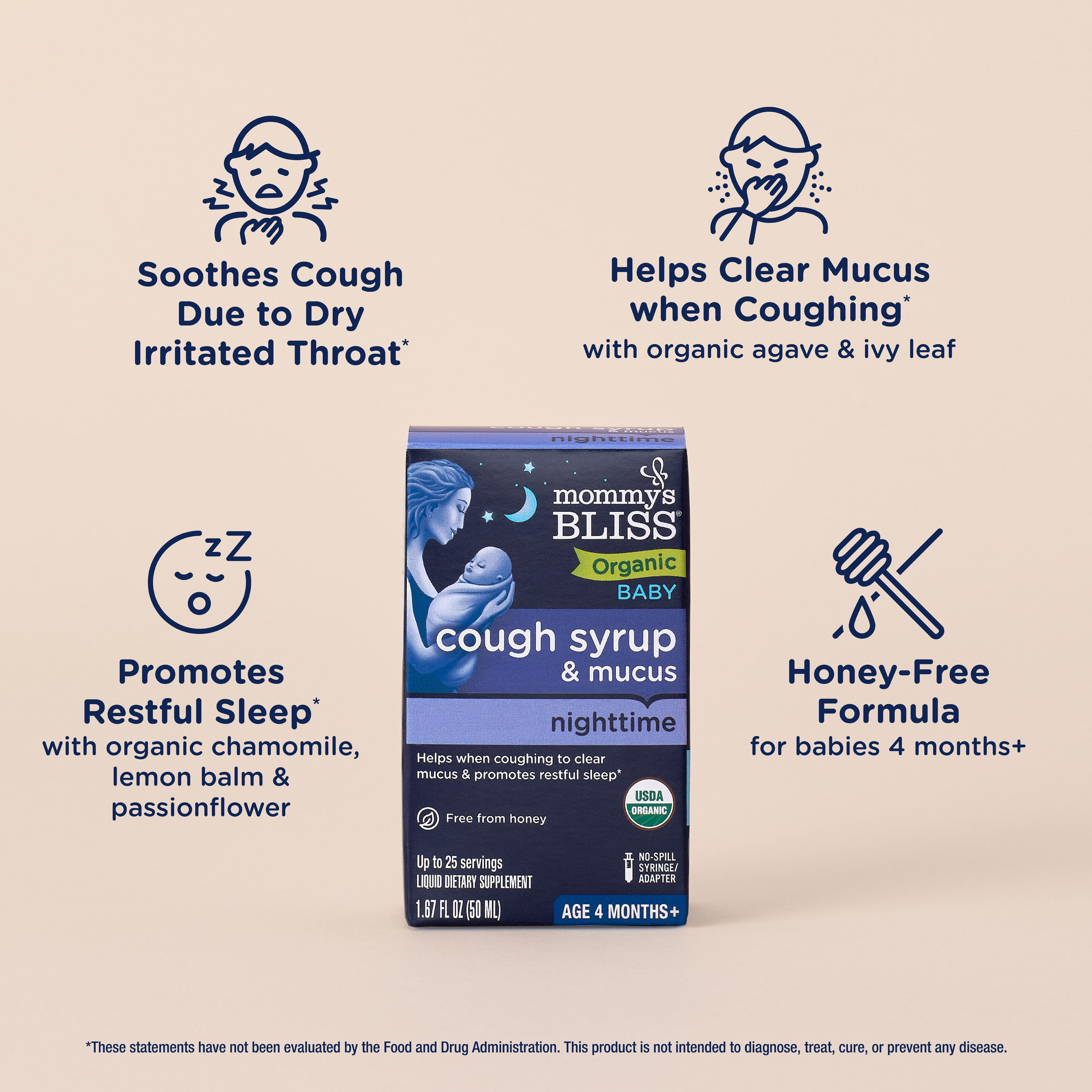 Mommy s Bliss Organic Cough Syrup, Mucus Relief, Night Time, 4 Months & Up, 1.67 fl oz
