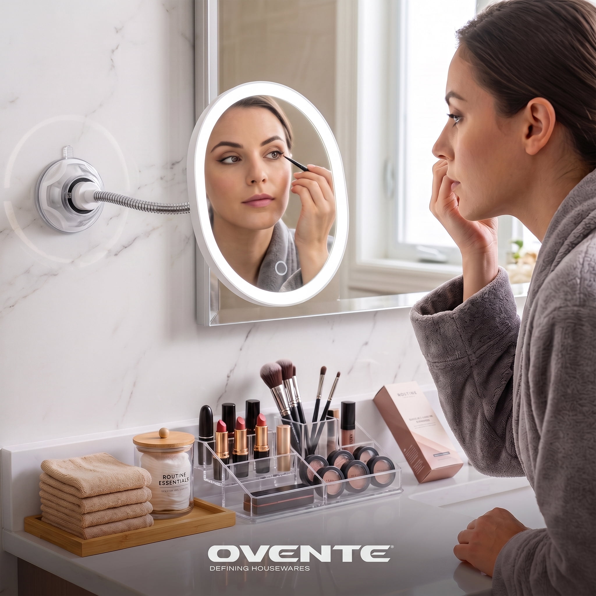 OVENTE 9'' Rechargeable Lighted Wall Mount Makeup Mirror for Bathroom with Mini Magnetic 10X Magnifying Mirror, Touch Screen Dimmable LED Lights, Flexible Gooseneck and Suction Mounting, White MOW22W