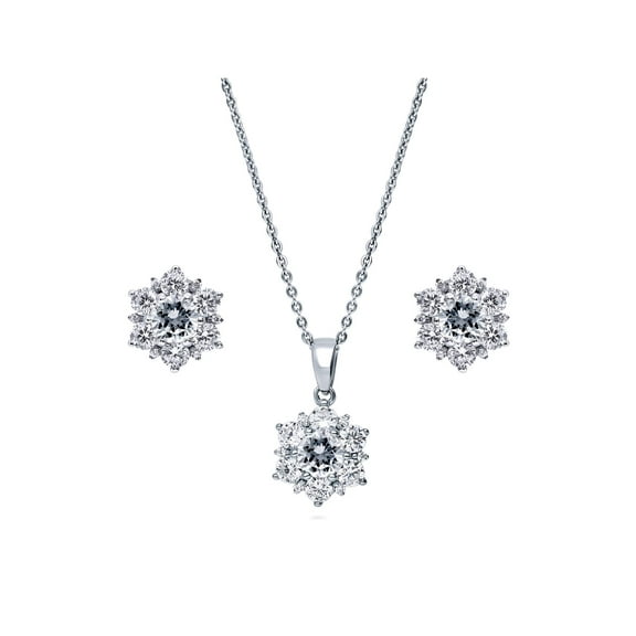 BERRICLE Sterling Silver Flower Cubic Zirconia CZ Halo Fashion Necklace and Earrings Set for Women, Rhodium Plated