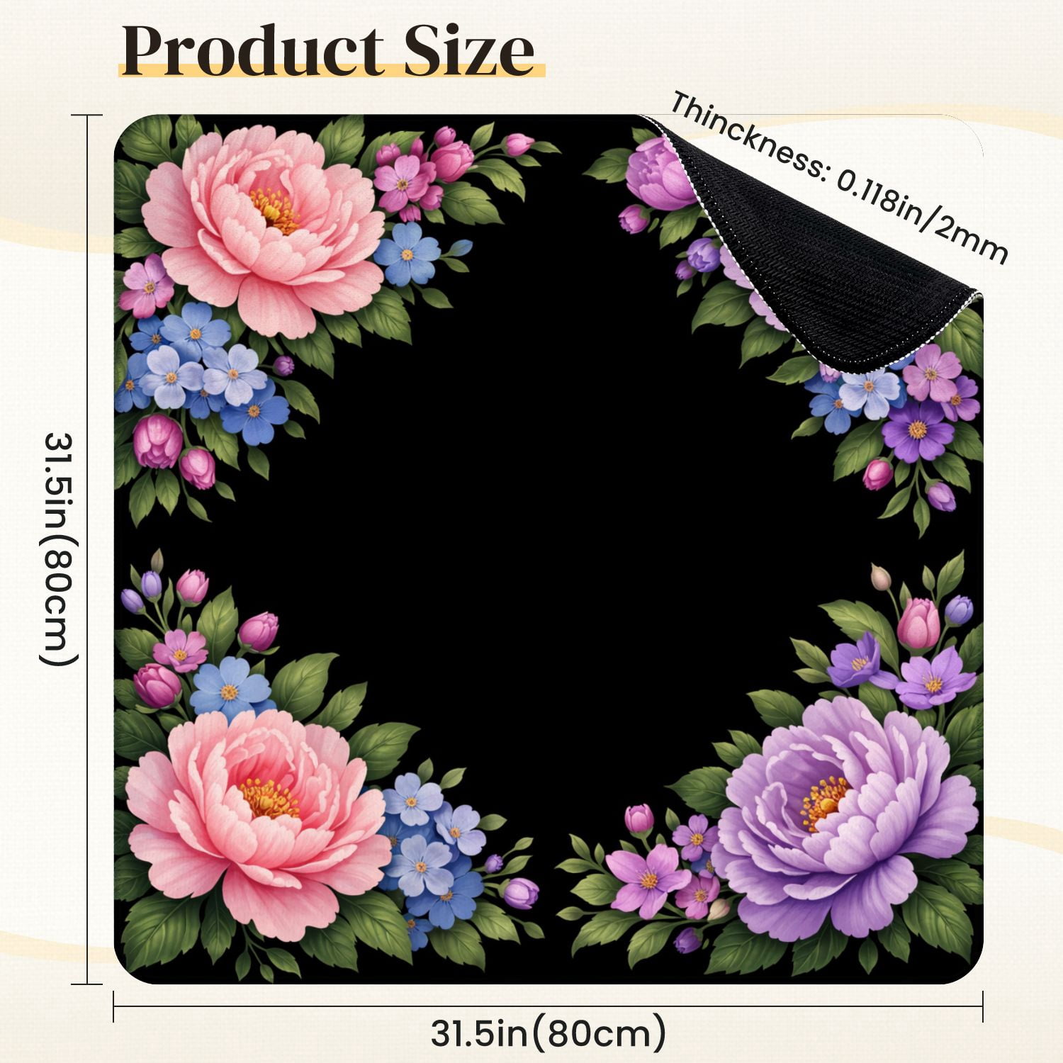 Mahjong Mat 31.5" x 31.5" Floral Corner Frame Pink Purple Peonies Blue Purple Flowers Green Non-Slip Noise Reduction Mahjong Tiles Table Cover for Dominoes Poker Card Board and Tile Games