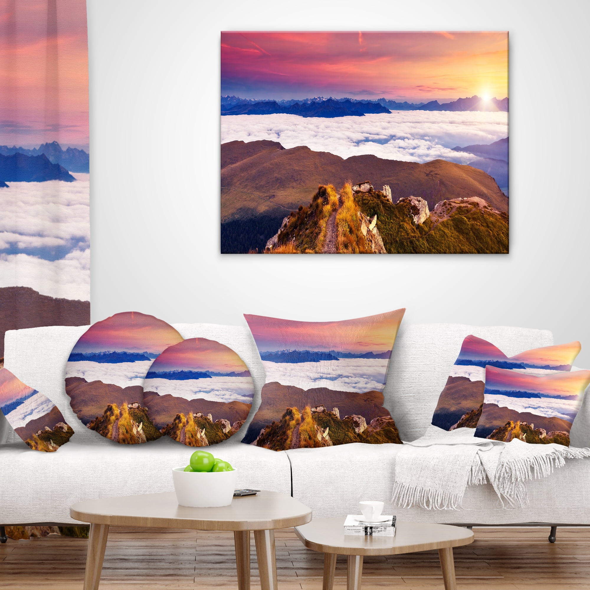 Designart Foggy Val Gardena Valley Panorama - Seashore Throw Pillow - 16x16