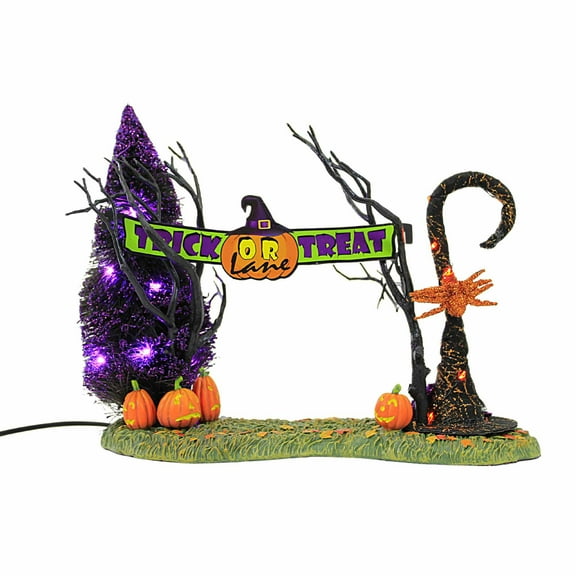 Department 56 Villages Lit Trick Or Treat Lane Entrance - One Halloween Accessory Sign 7.75 Inch, Resin - Spider Sisal Tree Sign 6012299