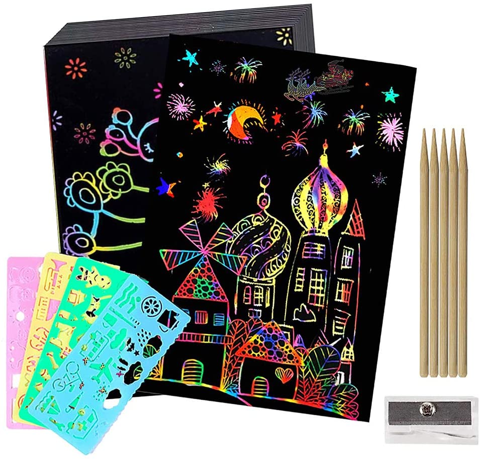 Papier à Gratter Arc-en-Ciel - 100 Feuilles + 2 Stylos En Bambou - Activité Créative Pour Enfants - Jeu De Dessin Scratch Art - 6