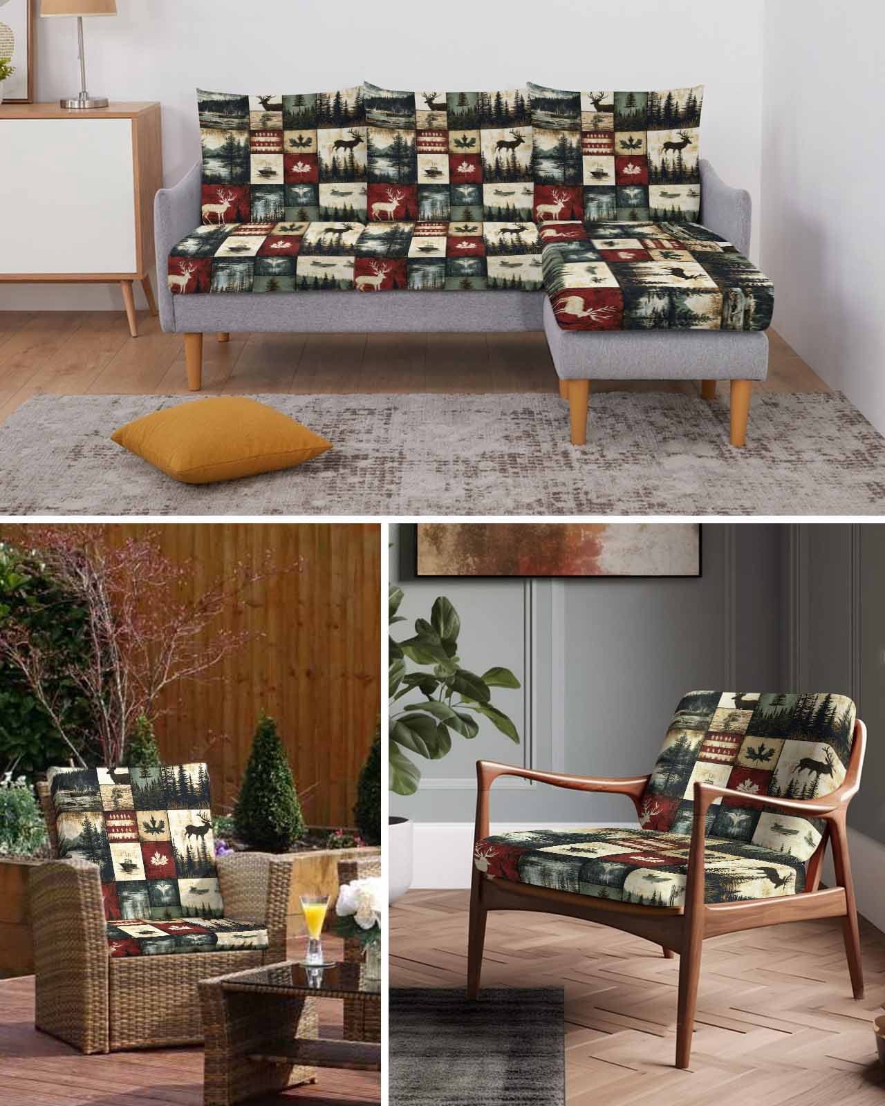 Rustic Forest Couch Cushion Covers Stretch, Washable Sofa Seat Covers Individual Seat Cushion Sofa Slipcovers Reindeer Pine Tree Nautical Boat Retro Couch Cover Furniture Protector S-1PCS