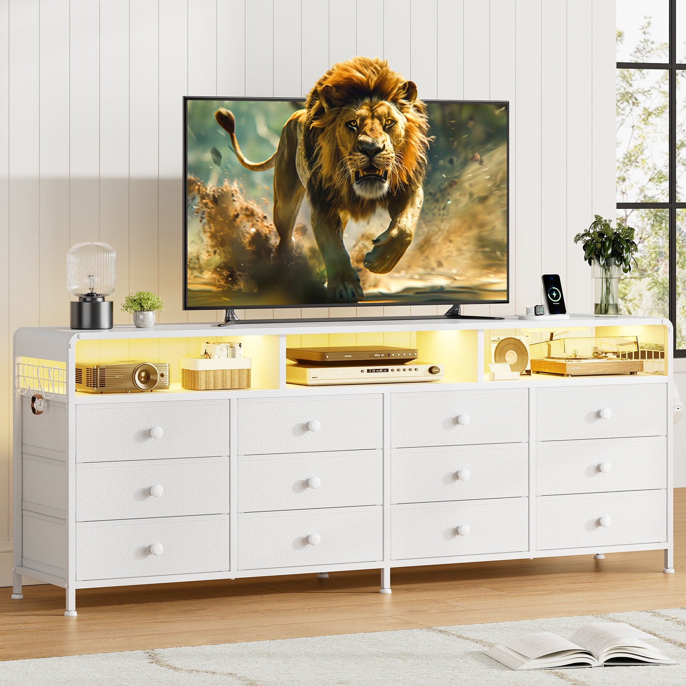 GUNAITO TV Stand for TVs up to 75", Big TV Stand with 12 Fabric Drawers and LED Lights, Entertainment Center with Storage and Shelves for Living Room, White