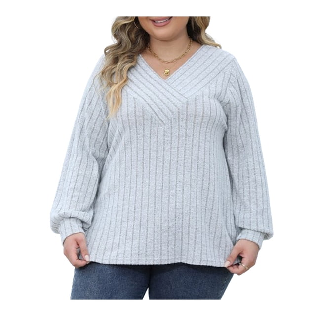 SUNSIOM Women's Plus Size Knitted Pullover Tops Ribbed Long Sleeve Wrap V-Neck Jumper Fall Winter Tops