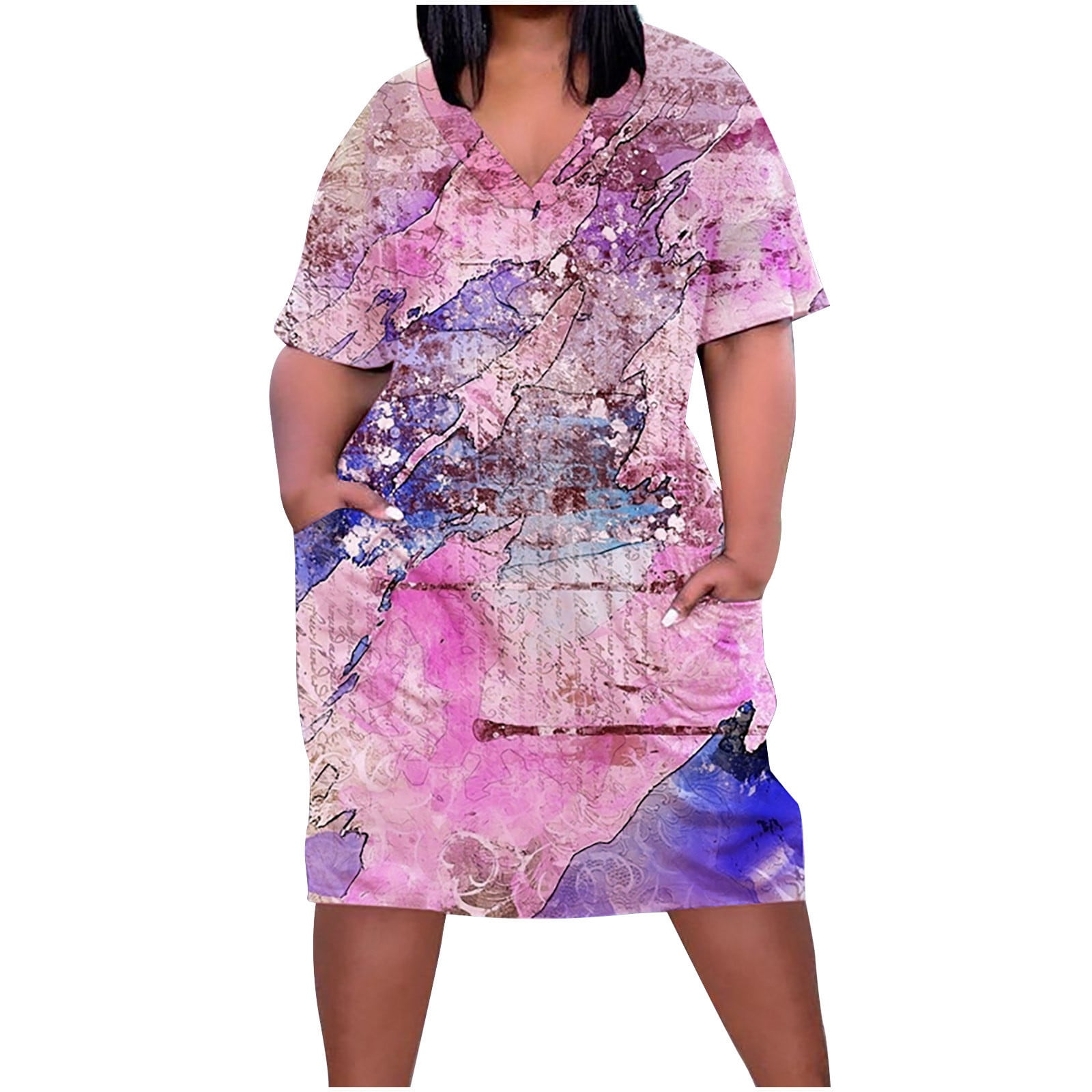 Plus Size Dot V Neck Summer Pleated Short Sleeve Dress