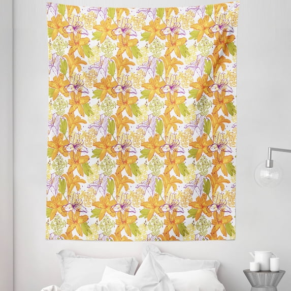 Floral Tapestry, Giant Lily Flowering Petals Exotic Blooms Hawaiian Bouquet Beauty, Fabric Wall Hanging Decor for Bedroom Living Room Dorm, 5 Sizes, Apple Green Marigold, by Ambesonne