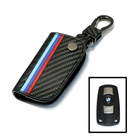 iJDMTOY M-Colored Stripe Black Carbon Fiber Pattern Leather Key Holder with Keychain For BMW Remote Fob (For Older 1 3 5 6 Series X5 X6 (Best Bmw M Series)