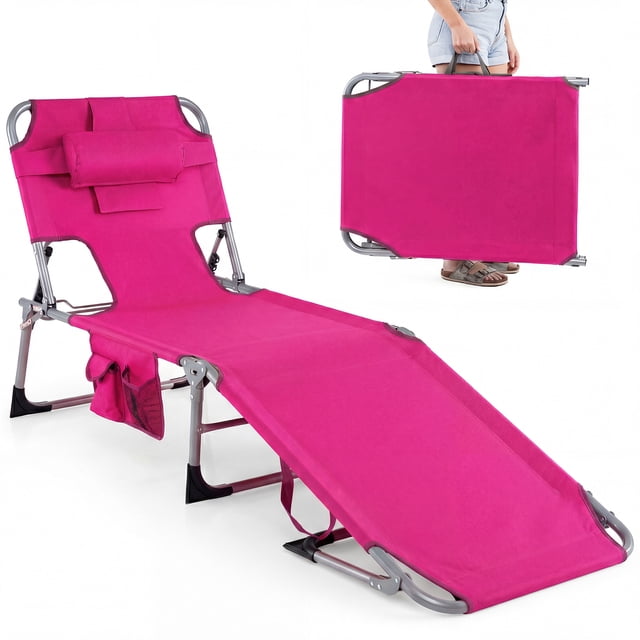 Gymax Portable Beach Chaise Lounge Chair Folding Reclining Chair w/ Facing Hole Pink