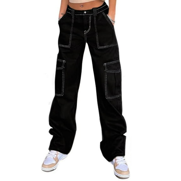 BRDFRL Cargo Pants for Women High Waisted Casual Pants Baggy Wide Leg Trousers Y2K Streetwear with 6 Pockets Black L