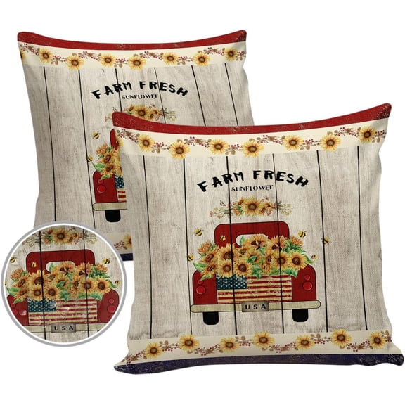 4th of July Outdoor Pillow Covers Set of 2, Farm USA Truck Sunflower Decorative Waterproof Throw Pillowcase Retro Wood Plank Red Blue Cotton Linen Soft Cozy Cushion Cover Pillowsham 16x16In