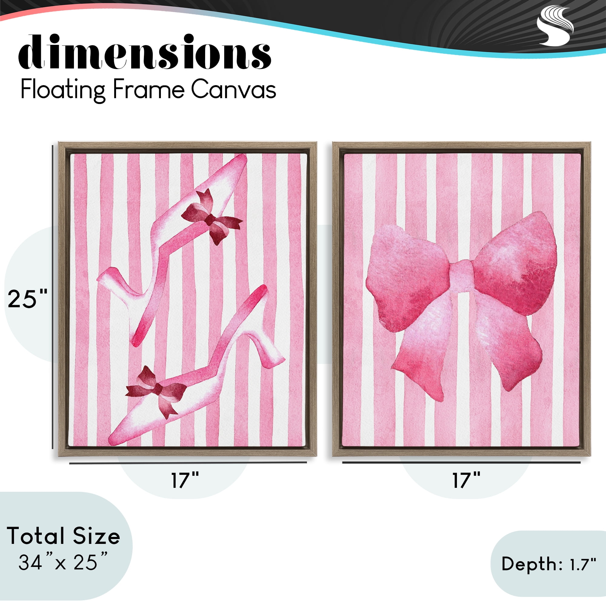 Stupell Industries Feminine Chic Bows Pink Stripes 2 Piece Brown Framed Floater Canvas Set, design by Camila Juncos