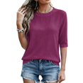 thumbnail image 5 of Linen Texture Blouse for Women, Crew Neck Half Sleeve Loose Tunic - Lightweight Breathable Summer Casual Top Dark Purple M, 5 of 7