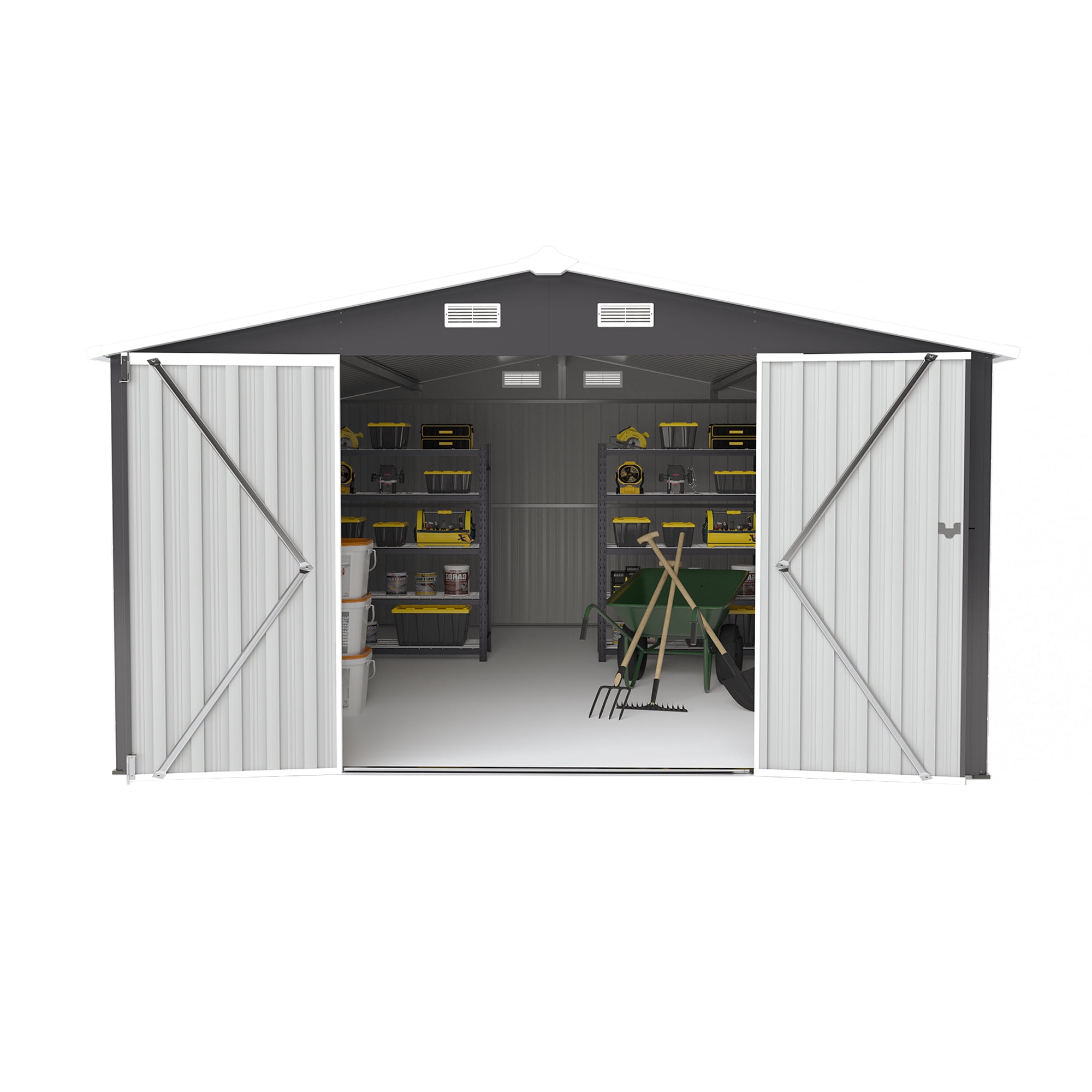Campcraft 10x14ft Outdoor Storage Shed with 3 Lockable Doors - Heavy Duty Metal  Garden Shed,commercial-grade, triple door,fits riding mowers , Waterproof for Backyard/Patio (Dark Grey)