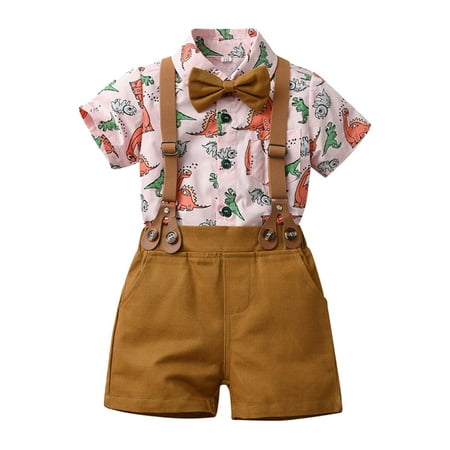 

YANHAIGONG Summer Outfit For Baby Boys Clearance Boys Short Sleeve Top&Pants Suit Outfit For Baby Toldders Print Cardigan Strap Shorts Photography Performance Set 12 Months-6 Years